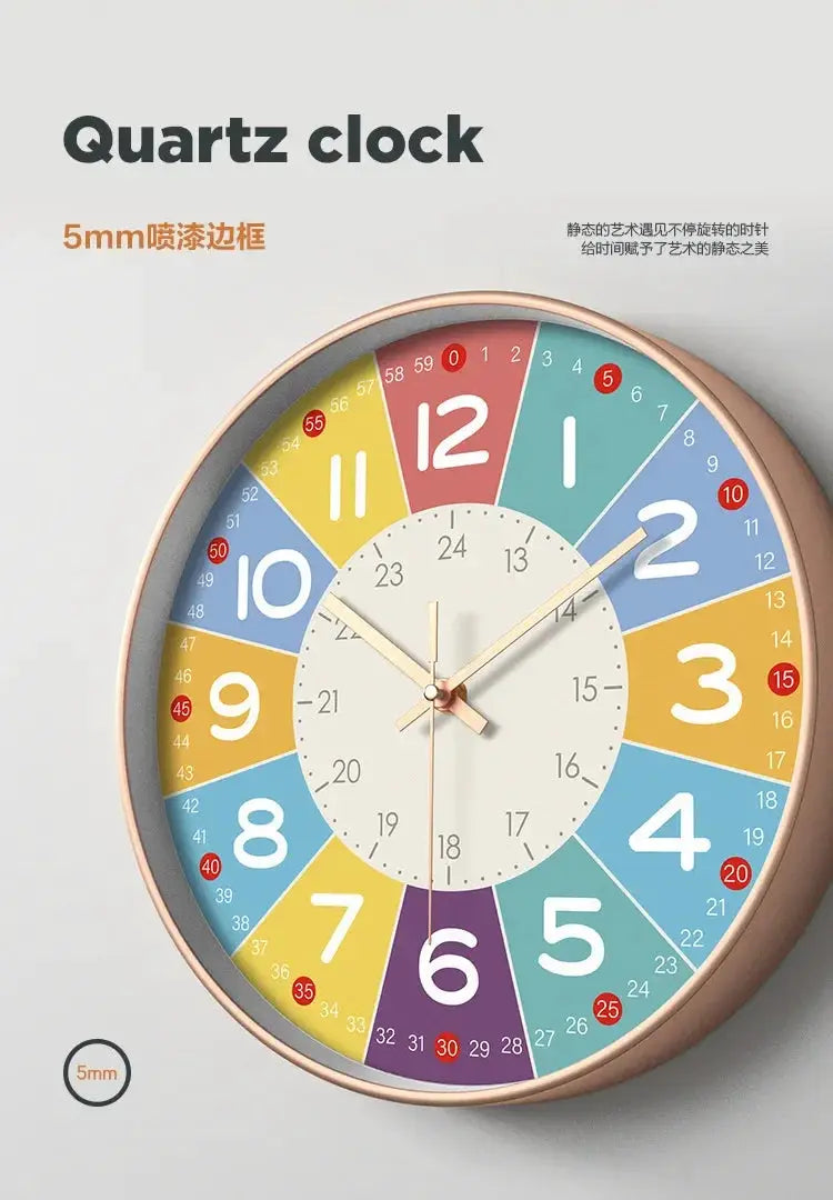 8-inch teaching clock for kids with color-coded hour segments, silent analog wall clock