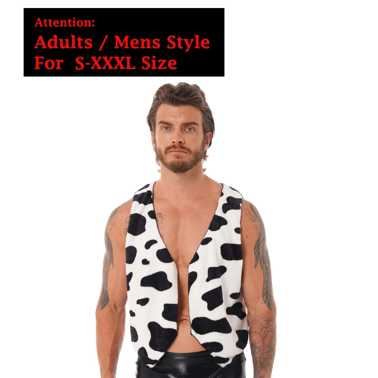 Men's cow-print sleeveless vest with open front, white with black spots, festival costume