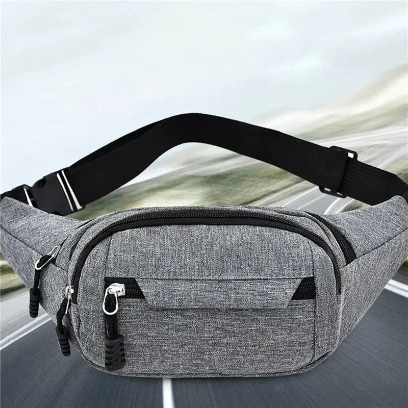 Simples Market 2024 waist bag in gray fabric with multiple zipper pockets and a black adjustable strap