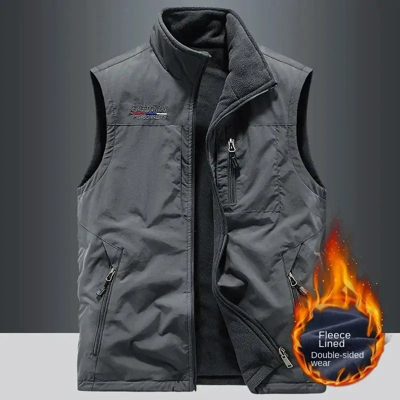 Simples Market outdoor heated vest for men, dark gray fleece-lined gilet with zip pockets