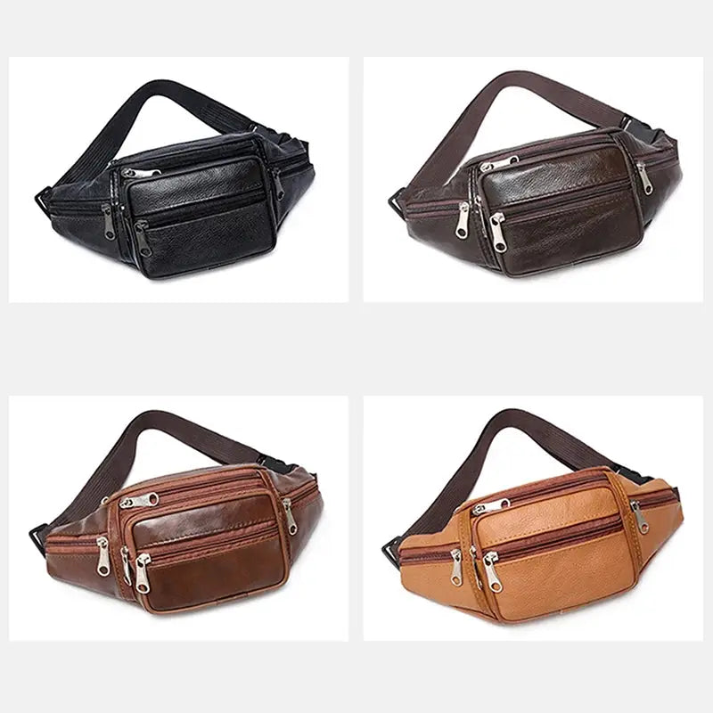 Men's PU leather waist bag by Simples Market in black, brown, dark brown, and tan, four color variations.