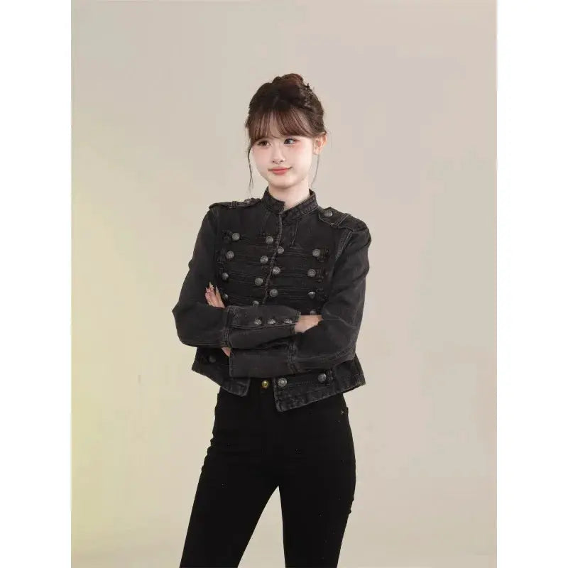 UrbanDenim Women's Short Coat Denim Jacket With Retro Button Design And Stand Up Collar For Slim Fit Autumn Winter Warmth
