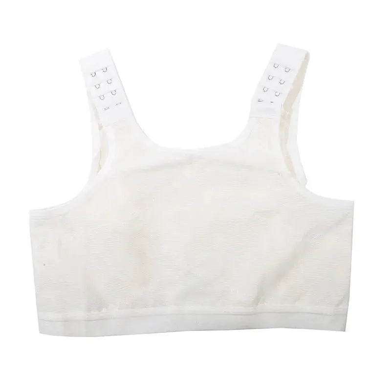 Post-surgery breast support bra for implant stabilization; white Simples Market compression bralette with wide straps
