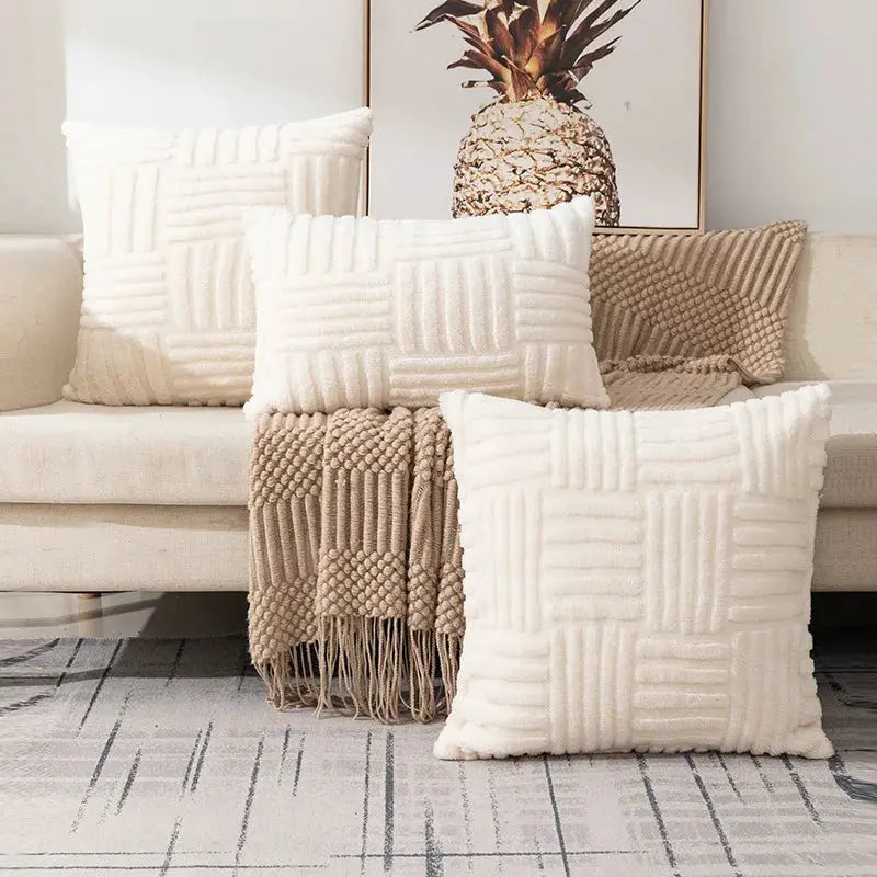 Boho faux fur plush throw pillow cover, cream white, soft fluffy decorative cushion cover for sofa and couch