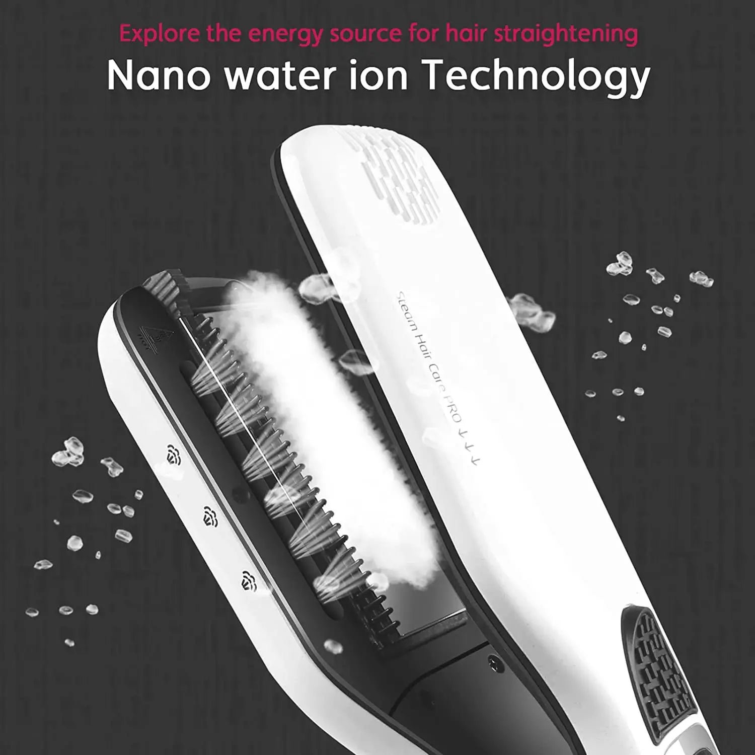 Professional hair straightener with white body, black accents, wide titanium plates.