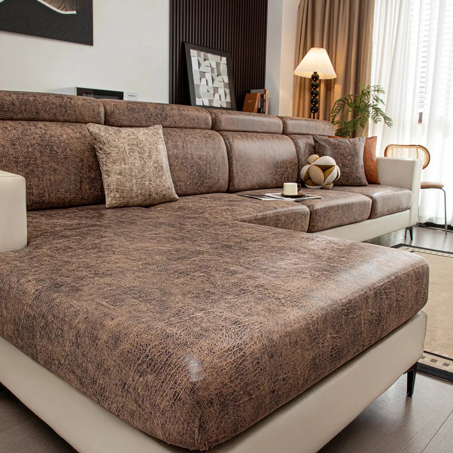 Stretch brown sofa cover, elastic living-room furniture protector for pets