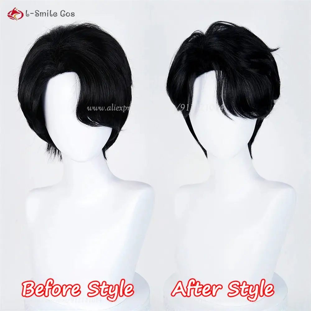 Cosplay wig by Simples Market, black heat-resistant synthetic hair, short bob style, two angles shown