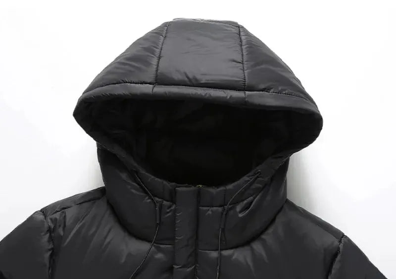 Men's black hooded down puffer jacket with thick quilted design