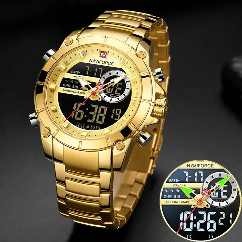 Naviforce 9163 Luxury Sport Mens Wristwatch With Dual Analog Digital Display Stainless Steel Water Resistant