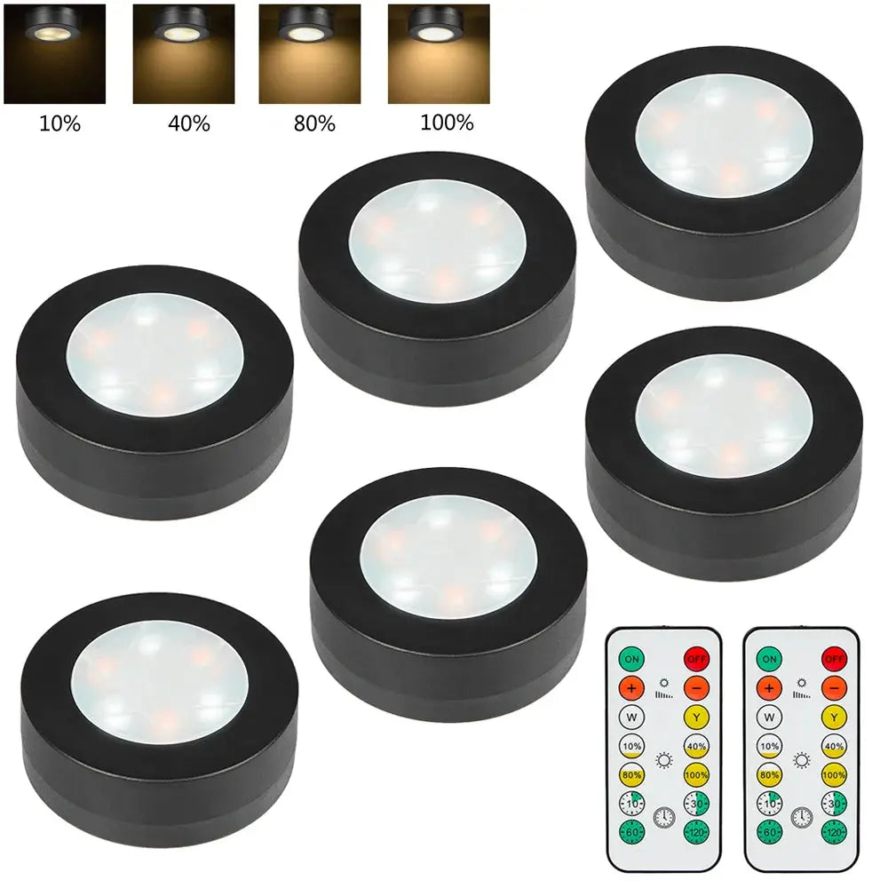 6-pack black round LED puck lights with remote control; dimmable CCT 3000-6500K for under-cabinet/wardrobe use