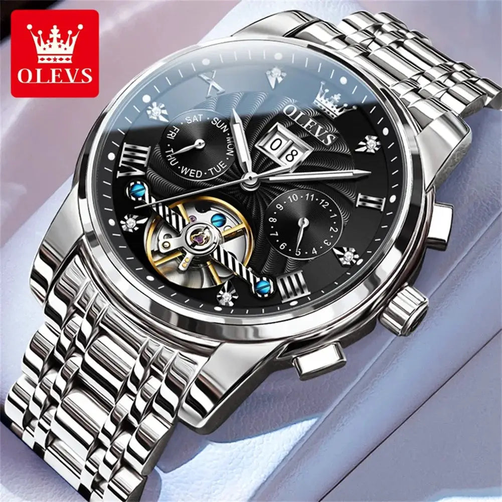 OLEVS men's skeleton tourbillon multi-function automatic wristwatch with stainless steel bracelet, black dial