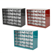 Simples Market 25-grid wall-mounted drawer parts box with transparent drawers; black, red, and teal variants.