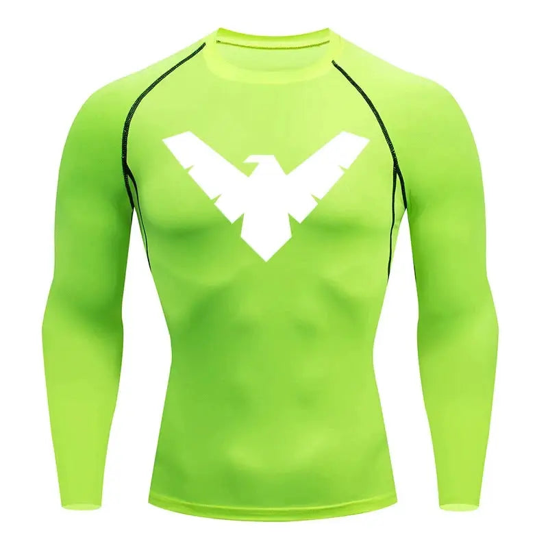 Men's neon green long-sleeve compression shirt with white chest logo.