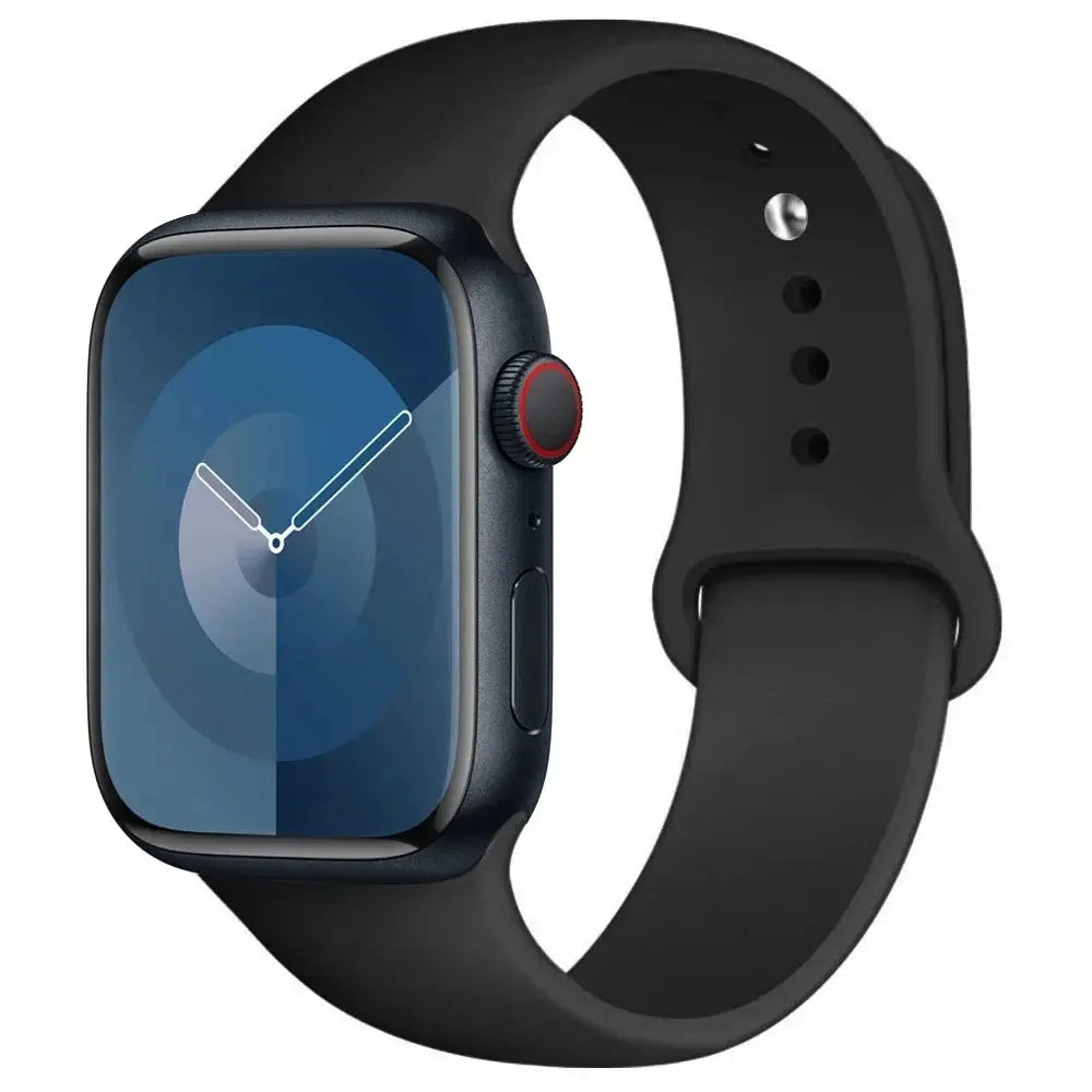 Silicone Apple Watch band, black, fits 38–45mm and 49mm Ultra models.