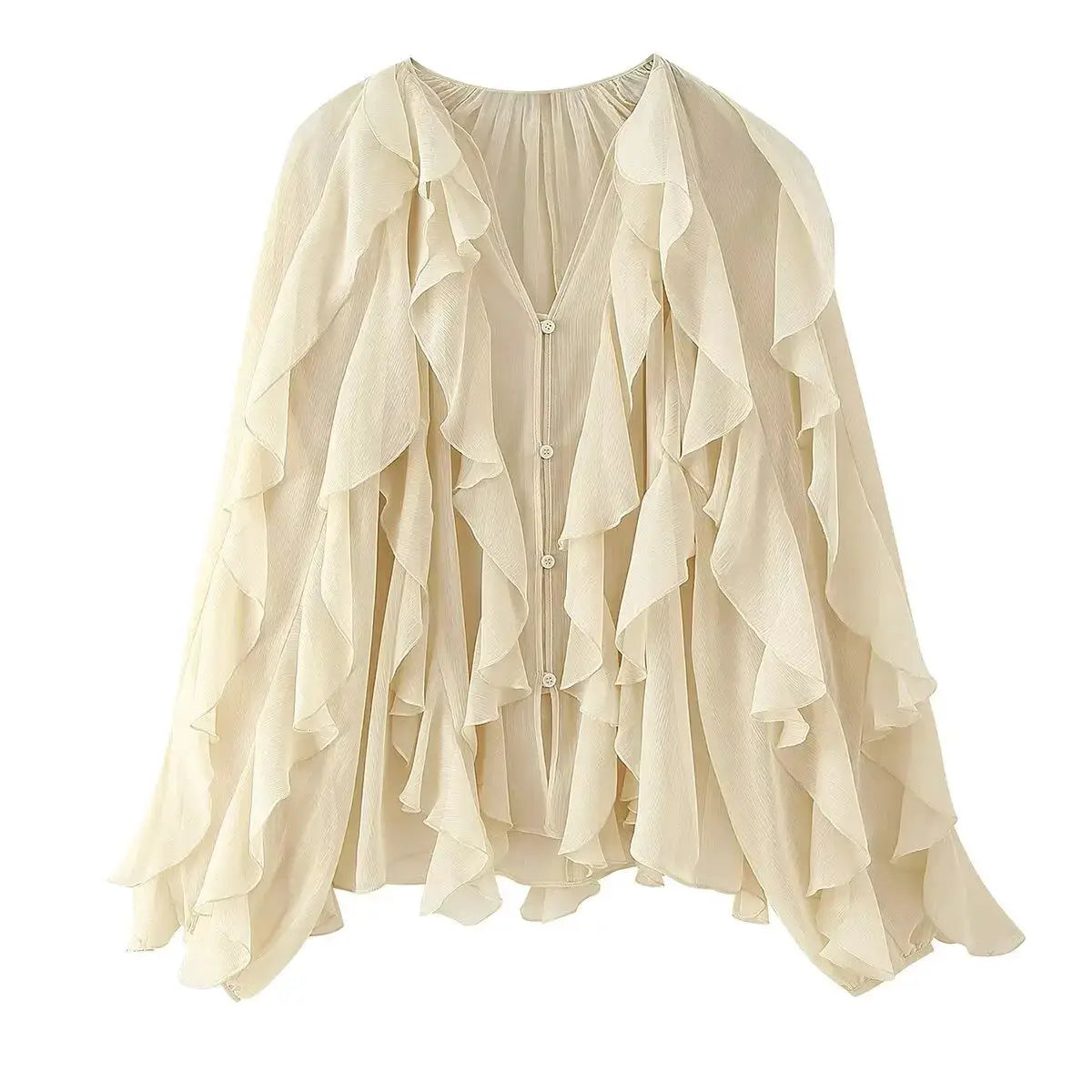 YENKYE semi-sheer ruffle blouse for women, ivory, long sleeves with cascading layers, V-neck and front buttons