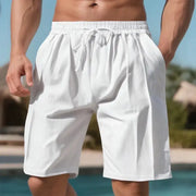 Men's white quick-dry beach shorts with elastic drawstring waist, knee-length, side pockets by Simples Market