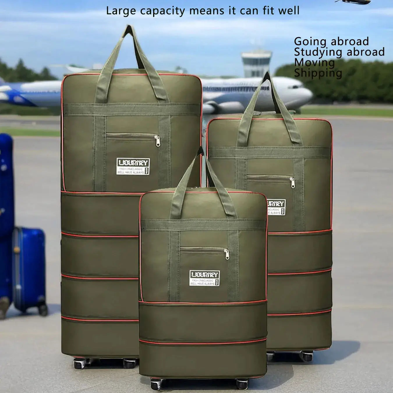 Simples Market folding travel bag set of four in olive green with red piping and wheels.