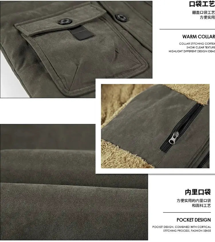 Hooded down parka for men in olive green with fur collar and multiple pockets.