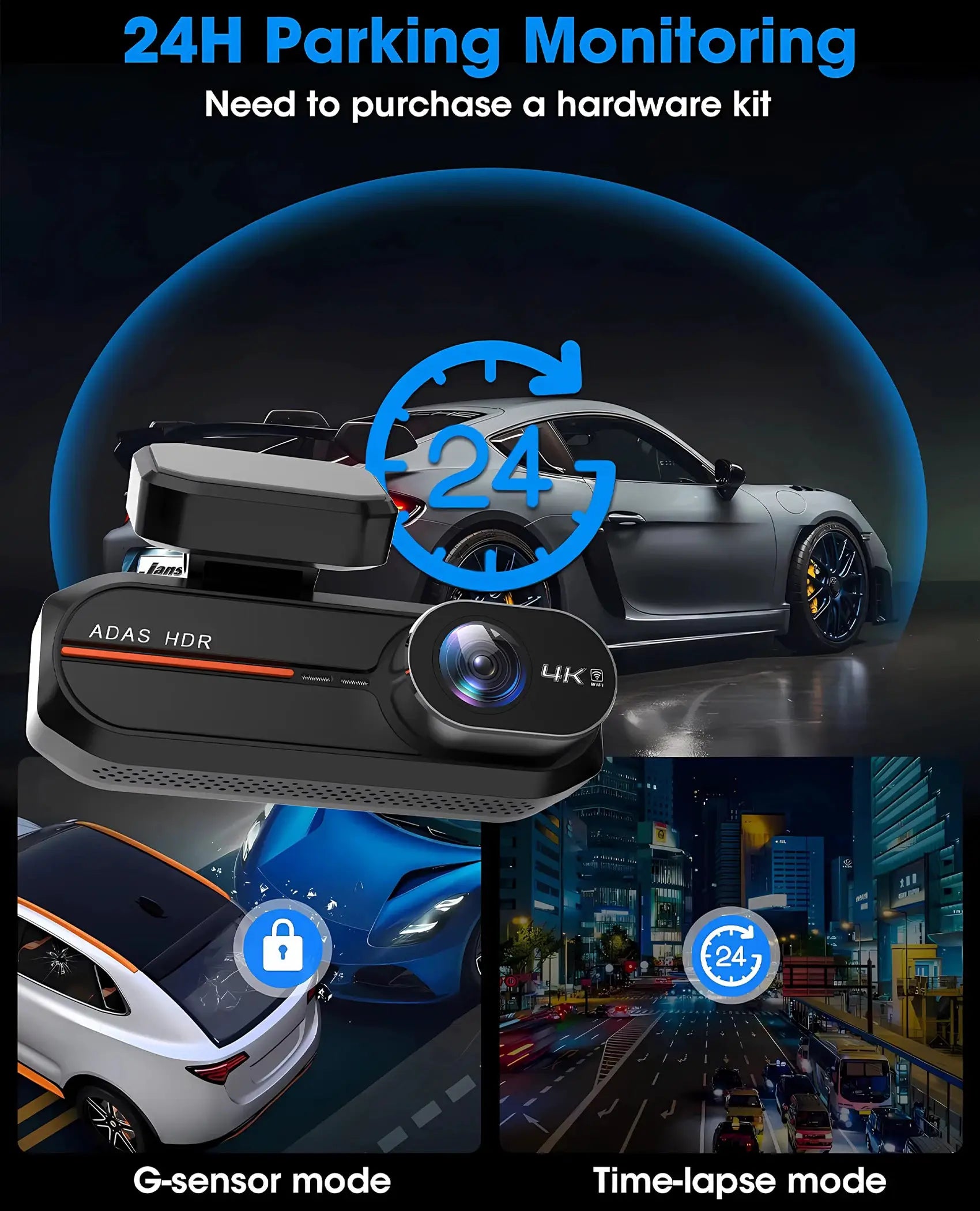 Simples Market 4K dash cam with WiFi GPS, ADAS, front 4K & rear 2.5K, 24H night vision, black