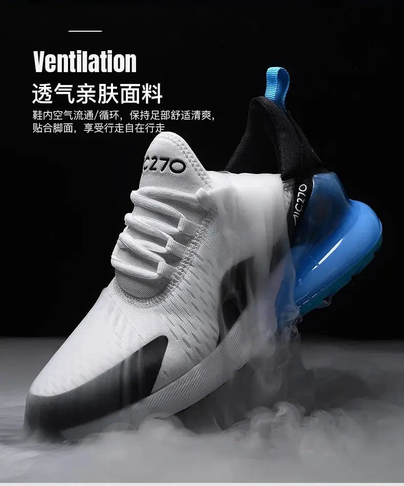 Men's sneakers; breathable white mesh athletic shoes for outdoor jogging with blue cushioned sole.