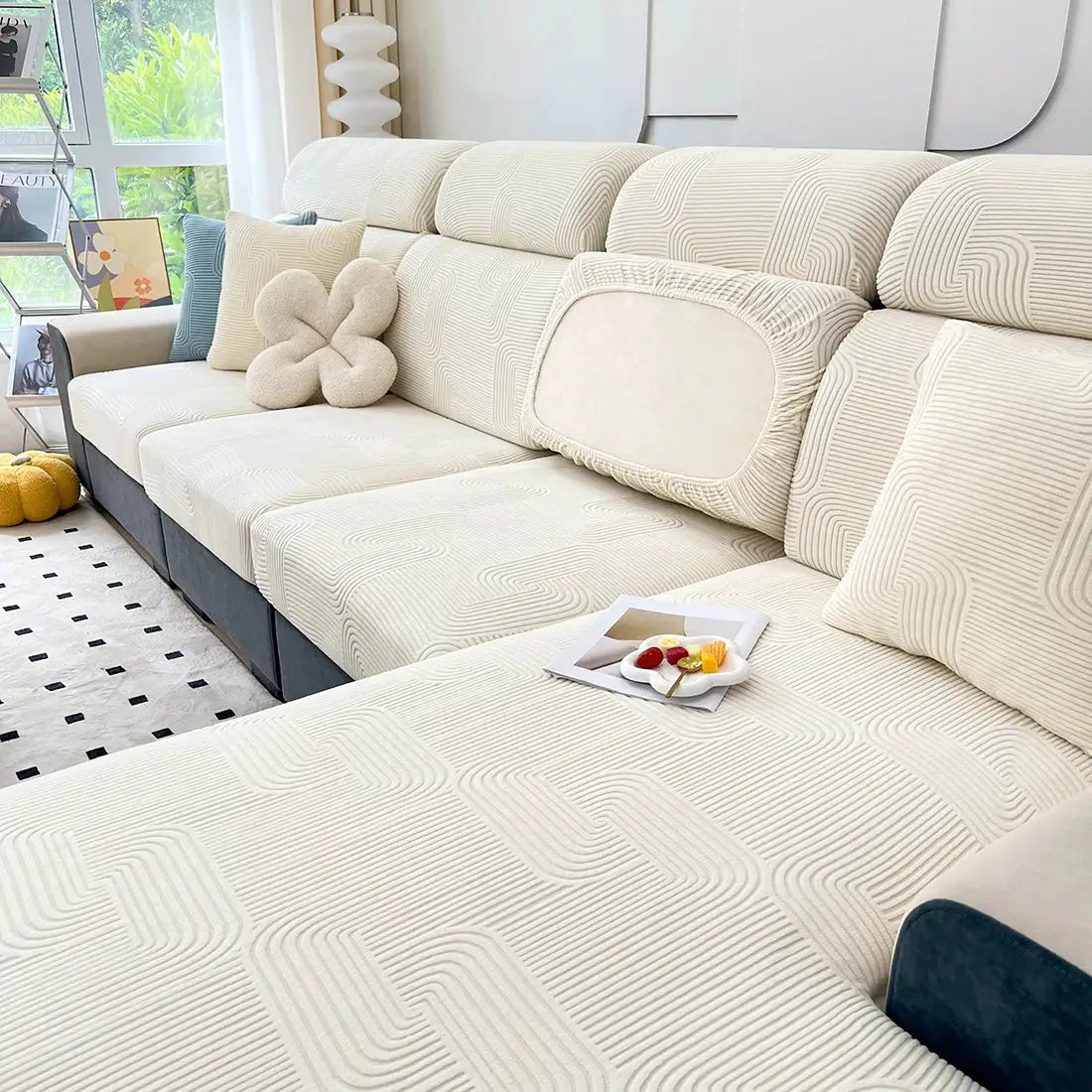 Sofa seat cushion covers in cream jacquard, thick stretch fabric, removable and washable furniture protector