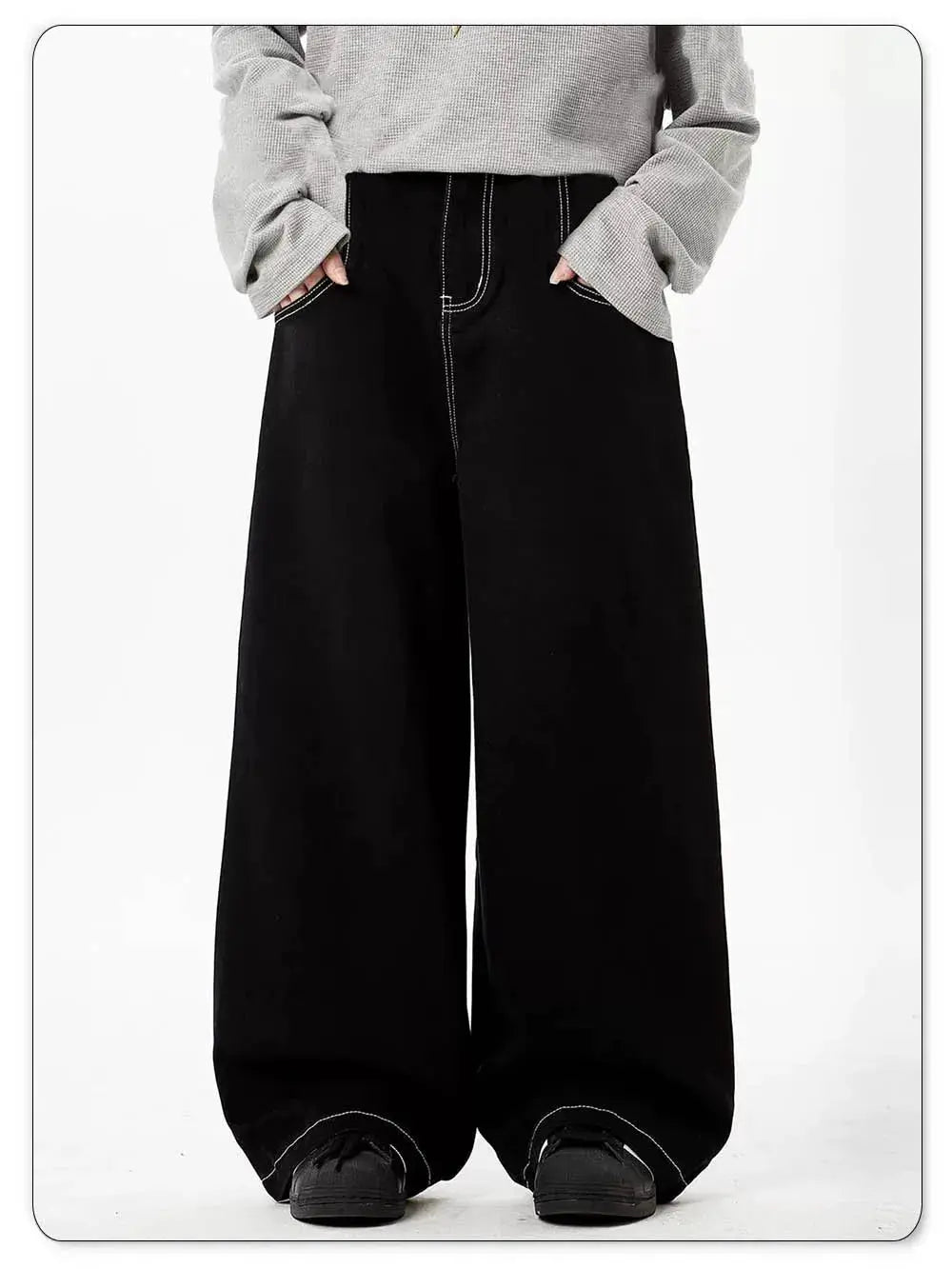 Denim jeans by Simples Market, black wide-leg baggy unisex casual pants with white contrast stitching