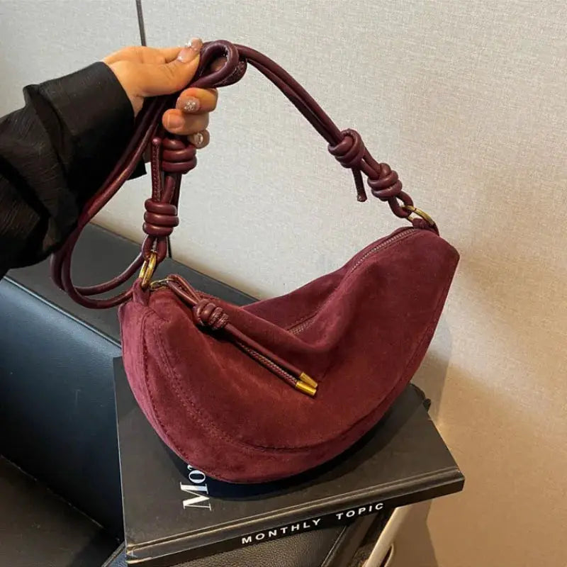 Faux suede shoulder bag by Simples Market, burgundy dumpling crossbody with knotted handles