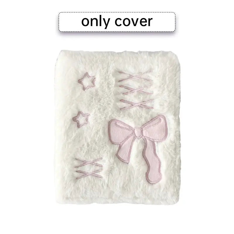 A6 binder photocard cover in white plush with pink bow and lace-up detailing