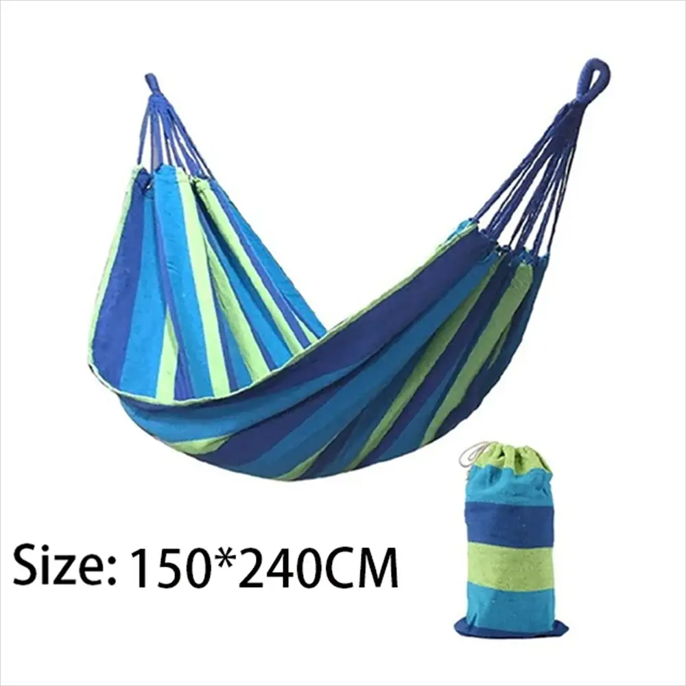 Simples Market double hammock canvas cotton in blue and green stripes with tree straps and carry bag, size 150x240 cm