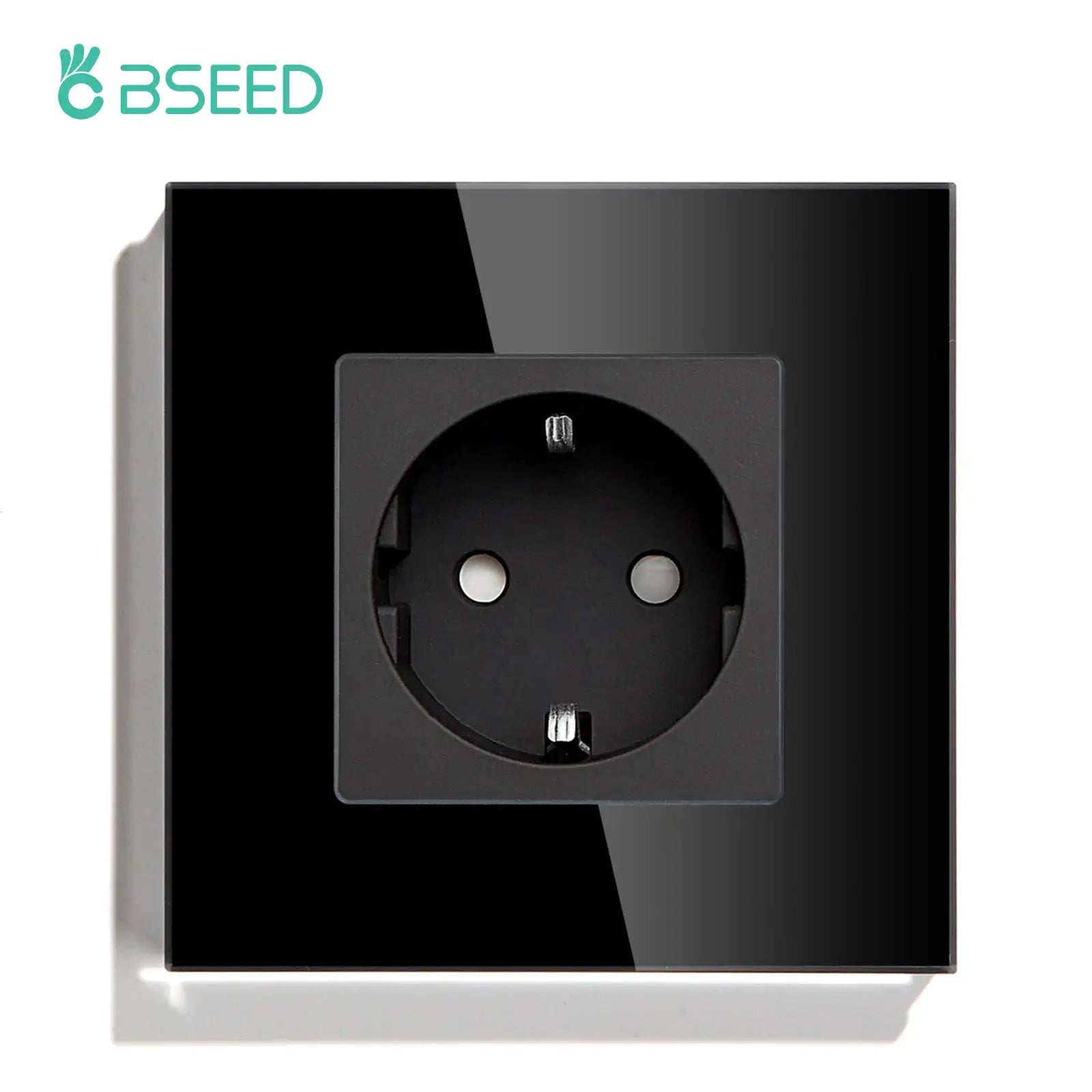 BSEED glass-panel EU wall socket with Schuko outlet, black frame; brand logo visible