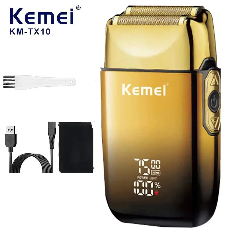 Kemei TX10 gold cordless foil electric shaver with USB charging cable and storage pouch