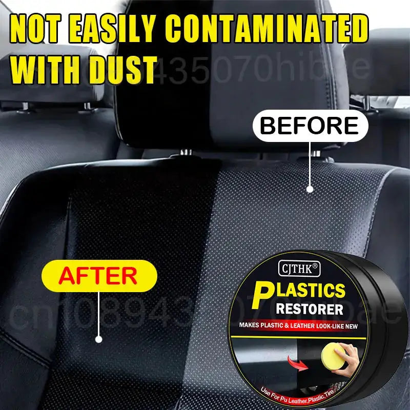 Car plastics restorer CJTHK in a black jar with a yellow label for car interior before/after comparison