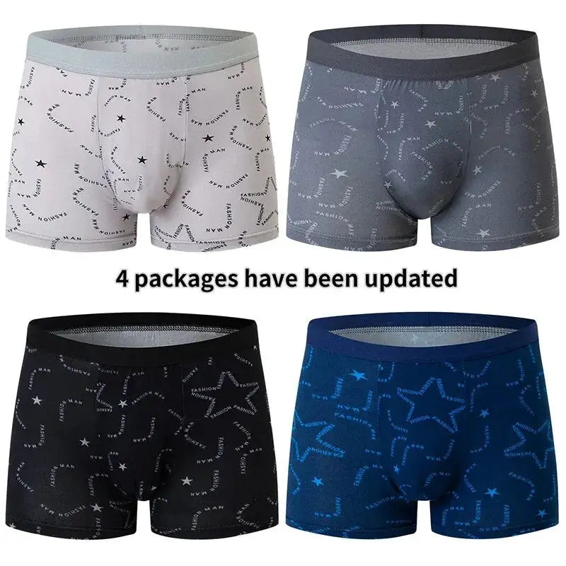 Men's 4-pack boxer briefs from Simples Market with star and text pattern in white, gray, black, and blue.