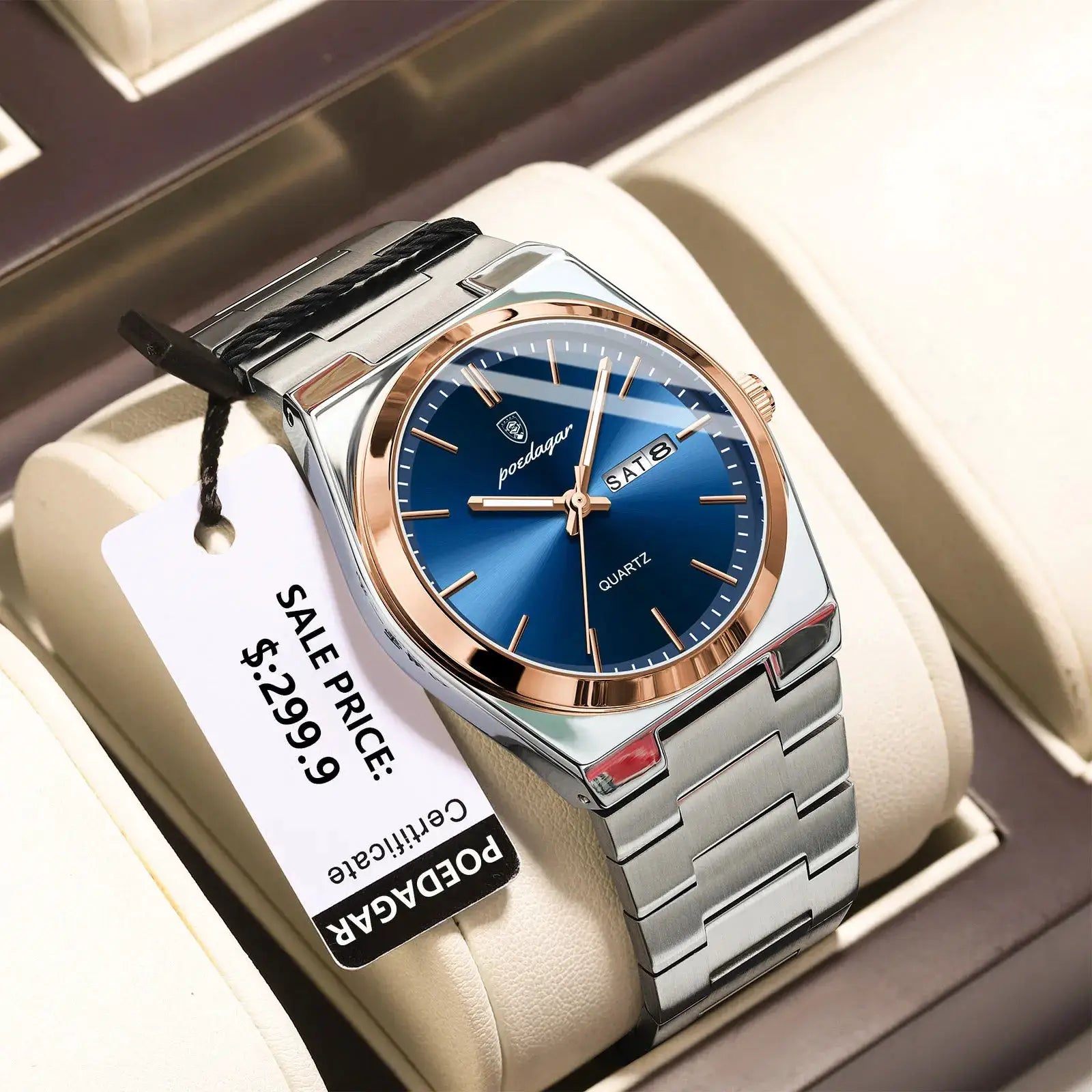 POEDAGAR men's luxury stainless steel watch with blue dial and rose-gold bezel