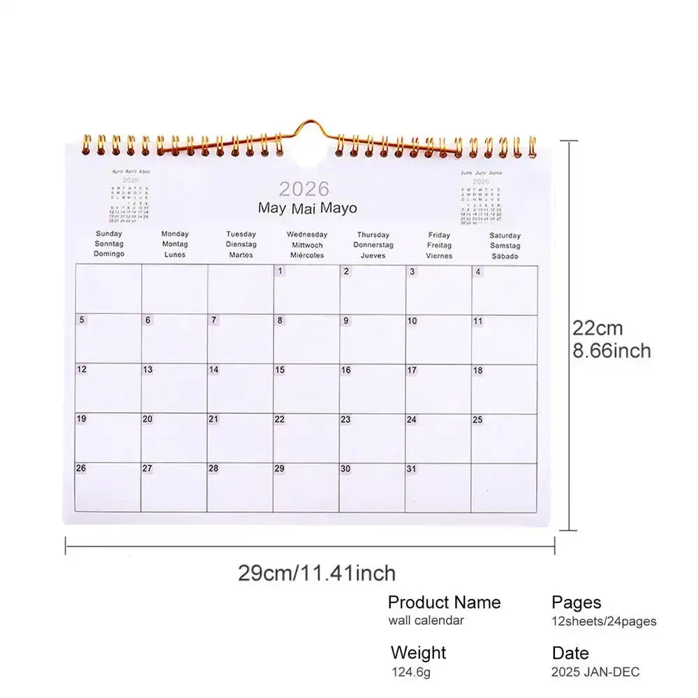 Simples Market 2026 multilingual wall calendar, 12-month coil planner with copper coil and white pages