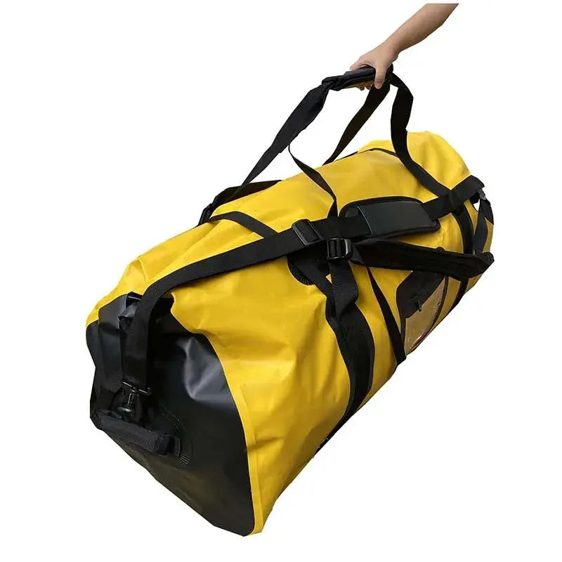 40–120L waterproof duffle bag in yellow with black handles and straps by Simples Market