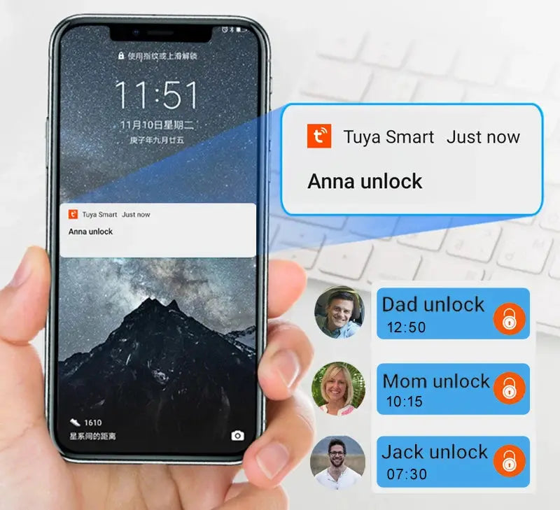 RAYKUBE Tuya Smart Padlock smartphone app view with unlock alerts from Anna, Dad, and Mom