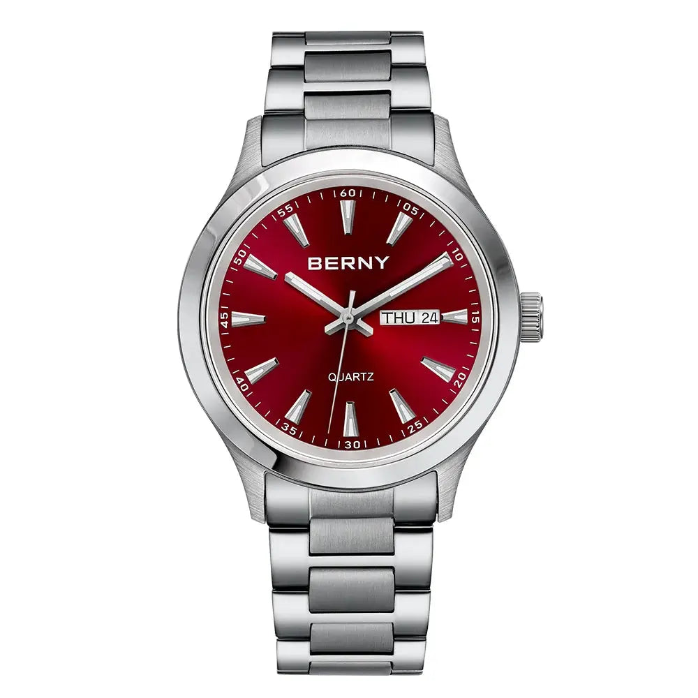 BERNY men's stainless steel wristwatch with red dial, date window, quartz