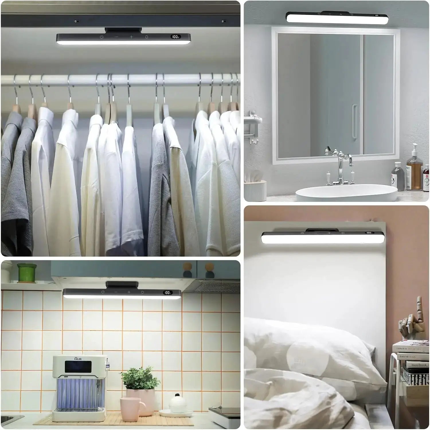 WILLED 5W dimmable night light bar; 3 color temps, rechargeable 2500mAh, five-view collage.