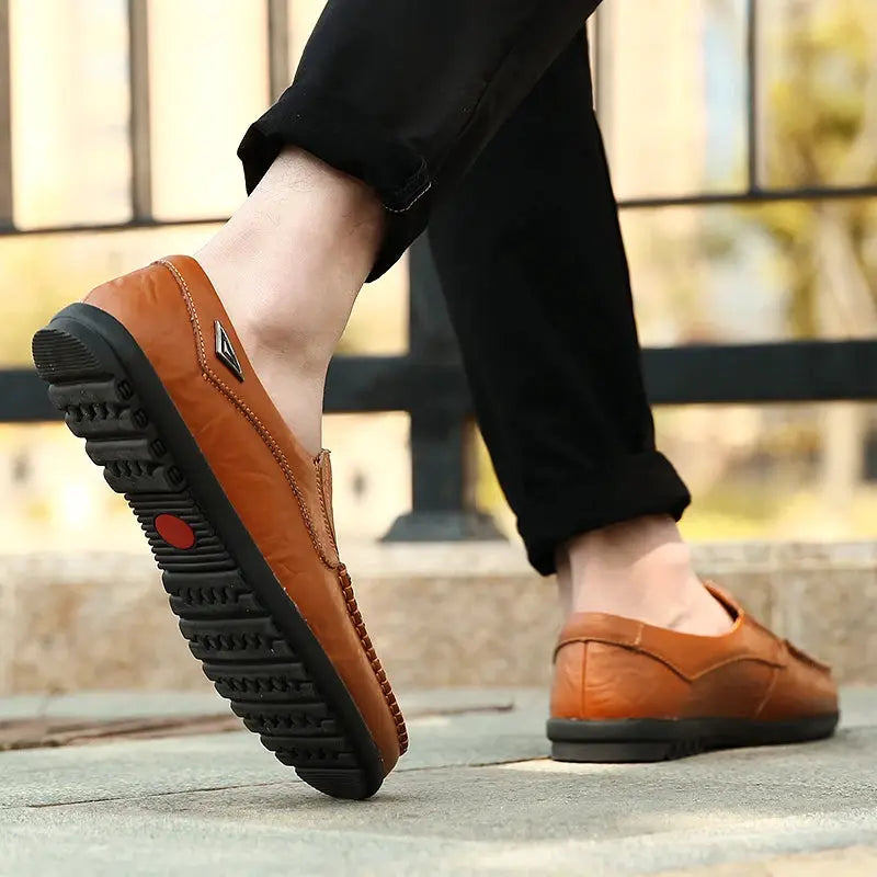 Genuine leather men's casual loafers in brown slip-on moccasin style with rubber sole