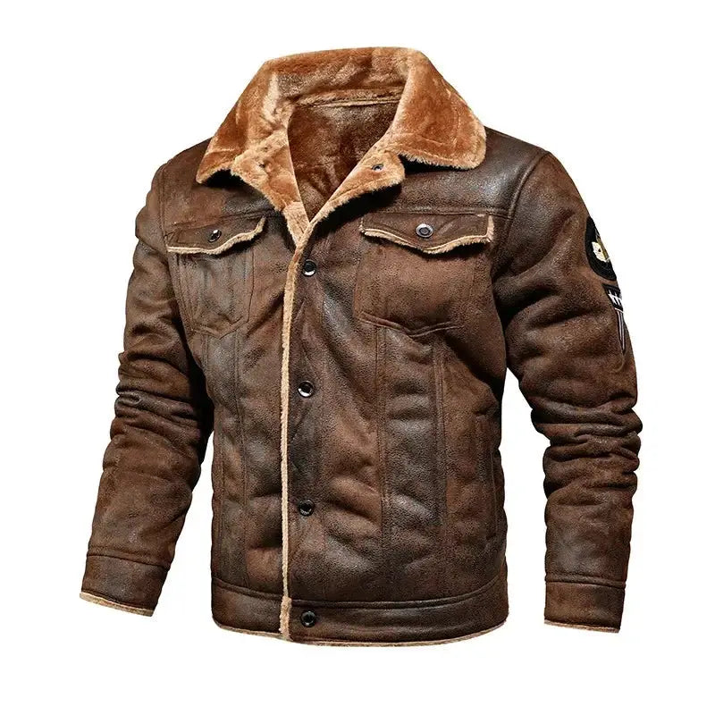 Men's leather shearling jacket with fur collar, brown, Simples Market