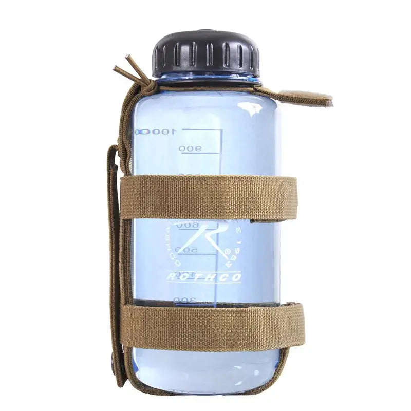 MOLLE water bottle pouch with tan straps and a blue Rothco bottle