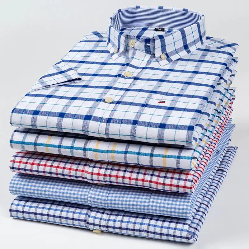 Six Simples Market men's 100% cotton oxford short-sleeve plaid shirts, breathable, regular-fit, stacked