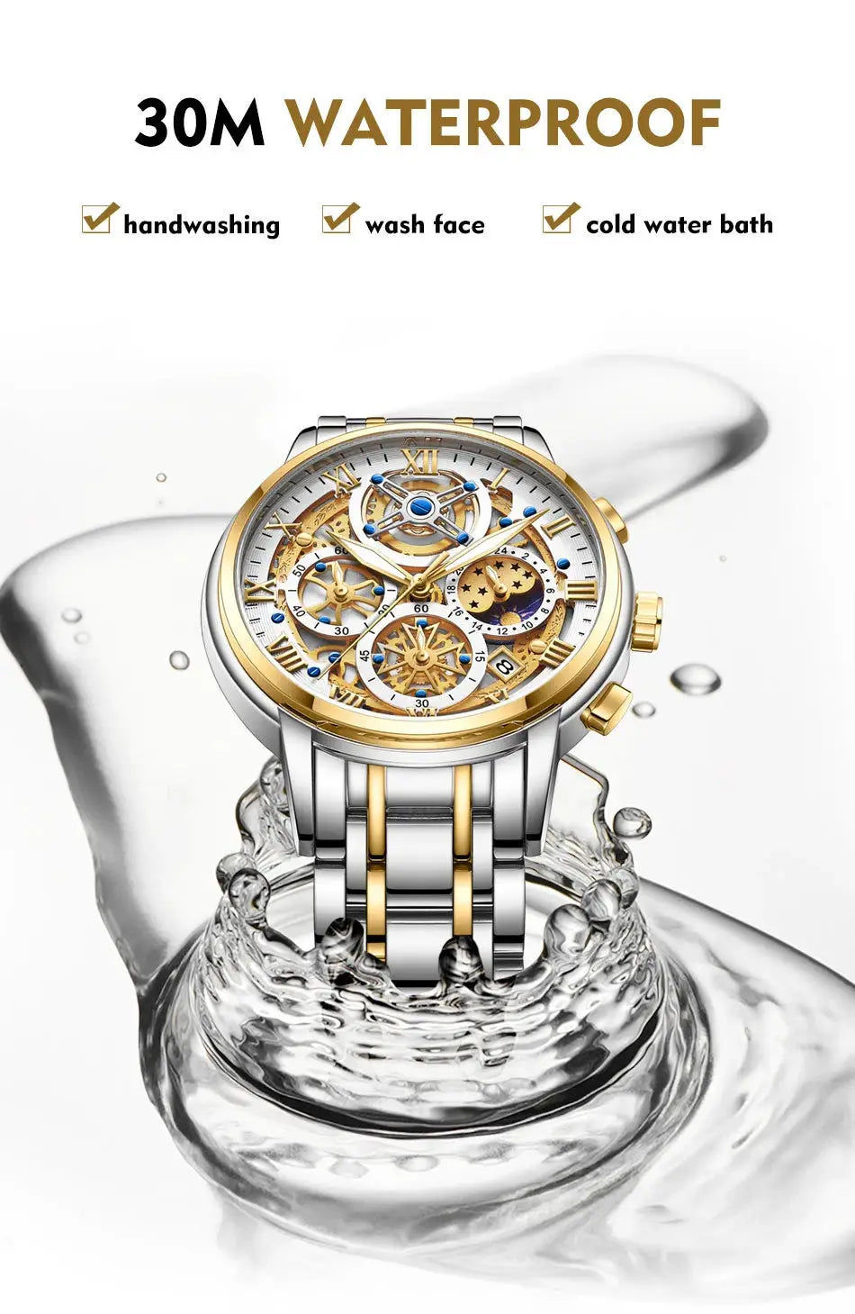 LIGE men's skeleton chronograph watch with silver-gold stainless steel band, 30m waterproof, Simples Market