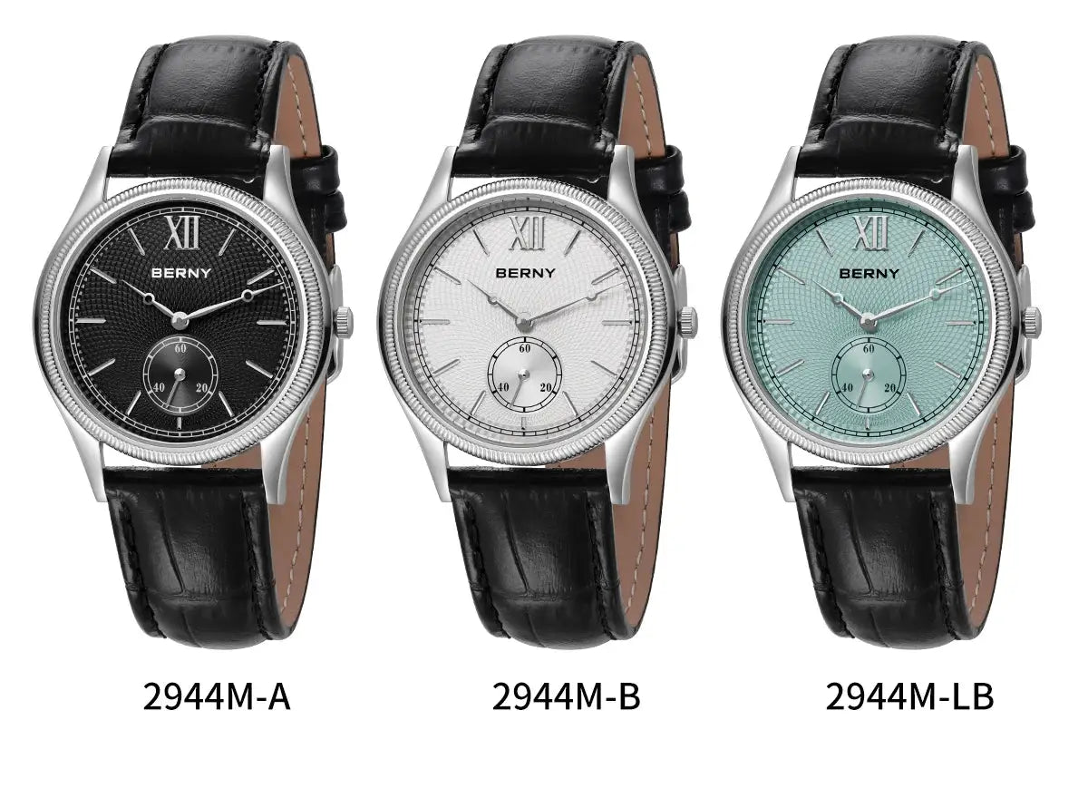 BERNY men's dress watches; three leather-band timepieces with steel cases in black, white, and mint dials (2944M-A/B/LB).