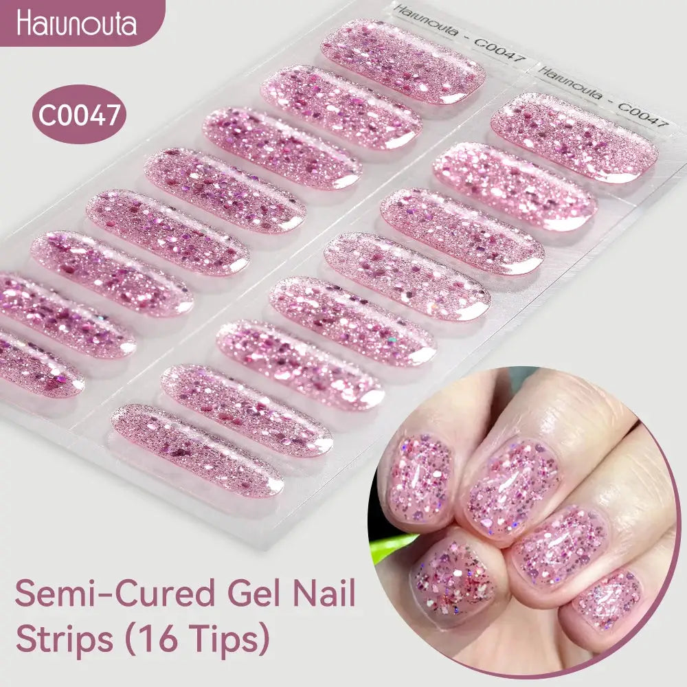 Harunouta Gradient Auroras Semi-Cured Gel Nail Strips (16 tips) pink glitter gradient for UV/LED nail lamps