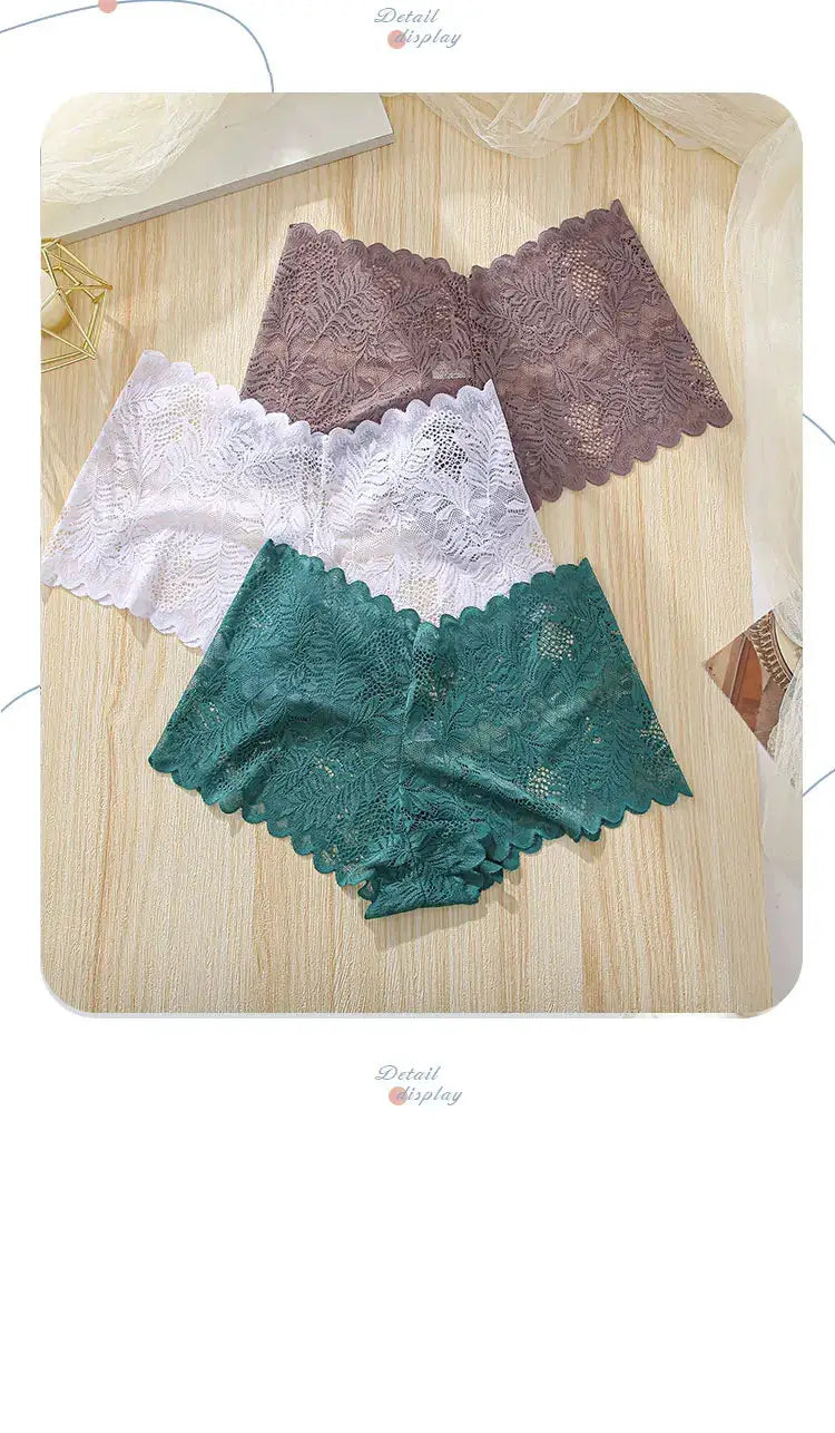 3-pack lace briefs with scalloped floral edges in teal, white, and mauve-brown.