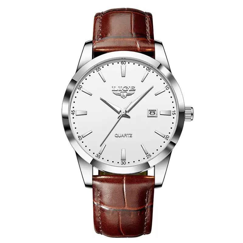 LIGE men's brown leather watch, silver case, white dial with date window, quartz movement.