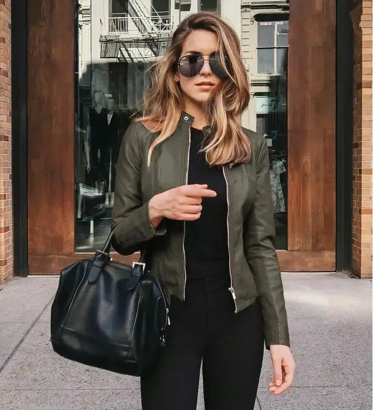 UrbanEdge Women PU Leather Bike Coat With Stand Collar And Zipper Closure For Autumn Winter Warm Lightweight Outerwear