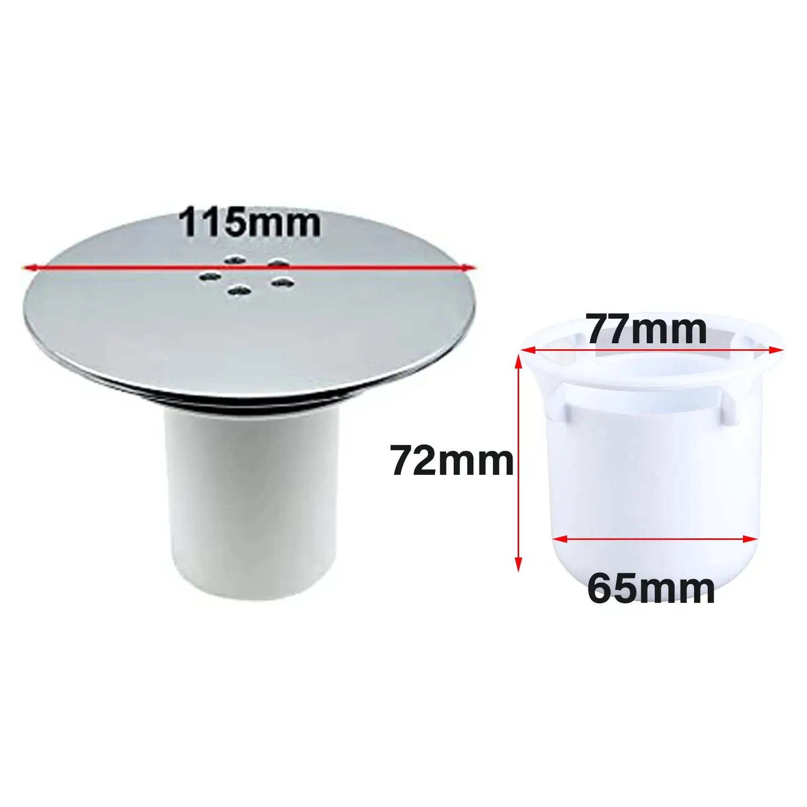 Shower drain cover plate and white waste trap, 2pc set, by Simples Market, chrome finish, 115mm diameter